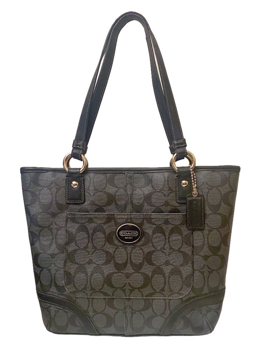 COACH Peyton Heritage Signature Pocket Tote Bag Black Grey Canvas F18917